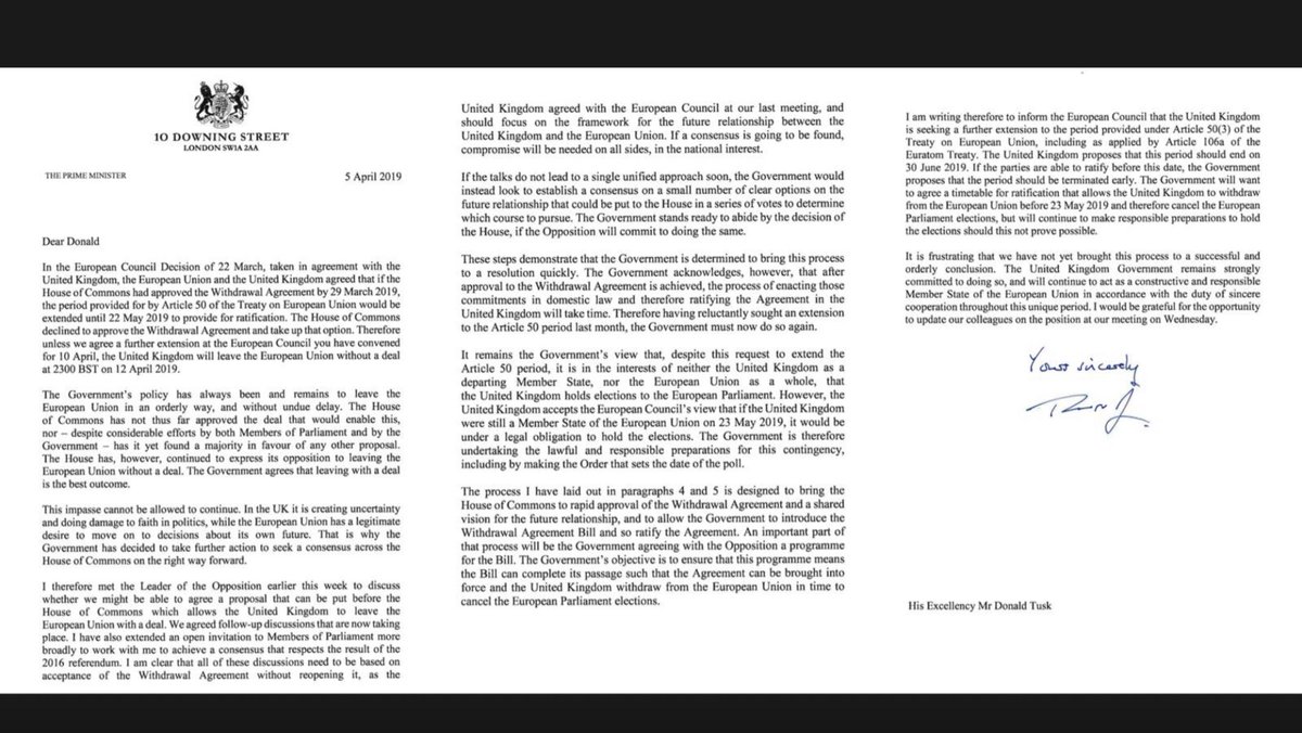 5/4/2019 - Theresa May pre-empts the Cooper Act by writing to Donald Tusk requesting an extension & to state the Government is making preparations for the EU election in May. /206