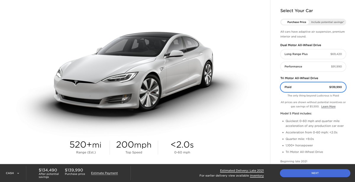 IMO the Plaid Model S will have closer to 540-550 miles of range and a completely new exterior & interior design, despite what Tesla currently shows on its website. Also, if the Plaid will have a 0-60 of less than 2 seconds, what kind of performance will the new Roadster have?!