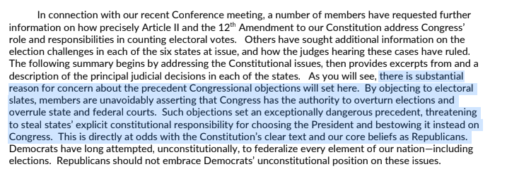 NEWS --> I've obtained the memo House GOP Conference Chair  @Liz_Cheney sent to her colleagues re: Jan 6th electoral objections. She says proposed actions by some Republicans would set an "exceptionally dangerous precedent," calling the commission idea "even more problematic."