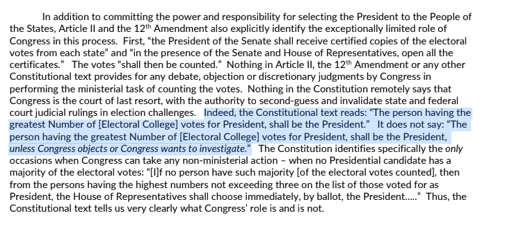 Memo runs through relevant constitutional & statutory provisions & includes a summary of Team Trump's myriad failed legal challenges in (supposedly) contested states. Her conclusion: "There is no appropriate basis to object to the electors from any of the six states at issue."