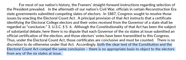 Memo runs through relevant constitutional & statutory provisions & includes a summary of Team Trump's myriad failed legal challenges in (supposedly) contested states. Her conclusion: "There is no appropriate basis to object to the electors from any of the six states at issue."