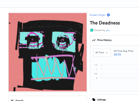 CollinsCustomIP's tweet photo. jjust scooped "The Deadness" for a undisclosed sum, excited to have a @KnownOrigin_io @XCOPYART 

@SatsMoonSoon has his priced 17.5 eth, &amp; he sees the future good. 
TYVM 2 @Gilzar8 &amp;. FYI @unityofmulti just sold his ~$1000. xcopy on the move 
#cryptoart #xcopy #Deadness https://t.co/dGG1hTvvdj