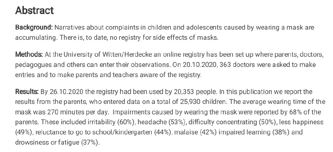 prof_freedom's tweet image. "First results of a
Germany-wide registrymask in 25.930 children."

Impairments were reported by 68% of theparents
- irritability 60% 
- headache 53%
- dficulty concentrating 50%
- less happiness49%
- malaise 42%
- impaired learning 38%
- fatigue 37%
2020news.de/wp-content/upl…
