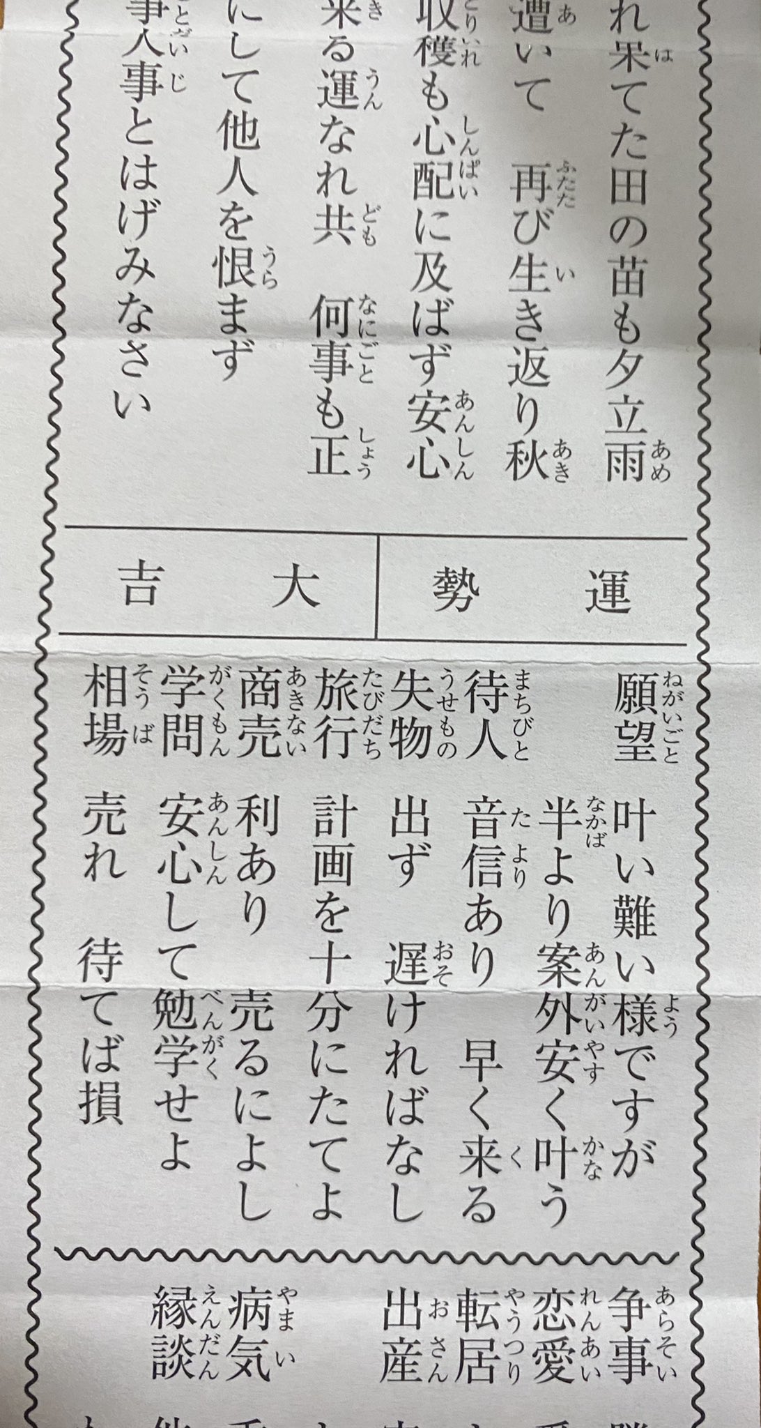 ばなな 今年のおみくじは 大吉 願望 叶い難い様ですが半ばより案外安く叶う 待人 音信あり 早く来る 私の願望はもちろんマッチの事 そして待人もマッチだよ もう少し待てば大丈夫って事よね