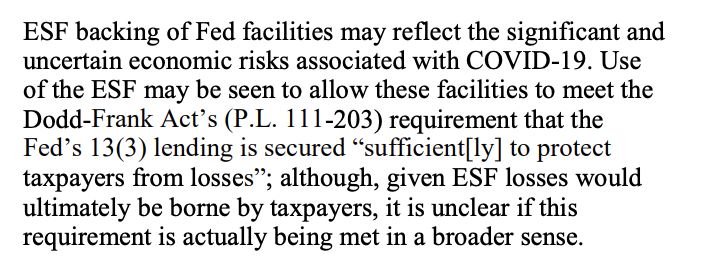 Further, the Congressional Research Service noted in April that using the ESF as a means to protect taxpayers in these facilities, while valid (the statute refers to Fed lending, not Treasury's resources), is a bit circuitous from a bird's eye view: https://crsreports.congress.gov/product/pdf/IF/IF11474