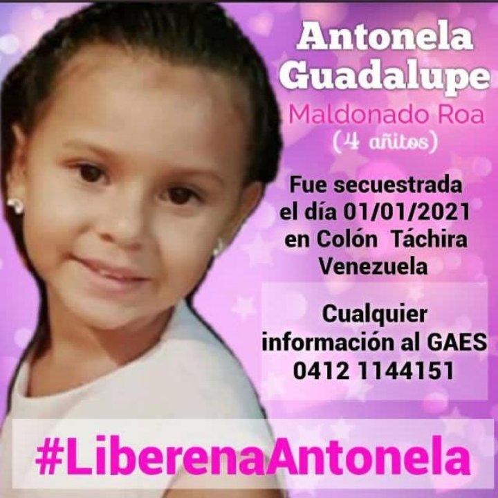 JulioVielma7's tweet image. ATENCIÓN, Amigos compartamos esta información Ella es antonela guadalupe de 4 añitos fue secuestrada el 01/01/2021 en Colón #Tachira cualquier  info comunicarse al 04121144151
.
#Venezuela