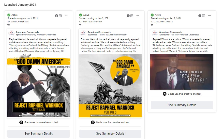 1. Facebook has AGAIN allowed GOP Super PAC American Crossroads to run an ad with a false attack on Raphael Warnock. Facebook has taken down the same American Crossroads ad FIVE OTHER TIMES since December 17 -- 12/18, 12/20, 12/24, 12/31, 1/2.Now it's back for a SIXTH time.