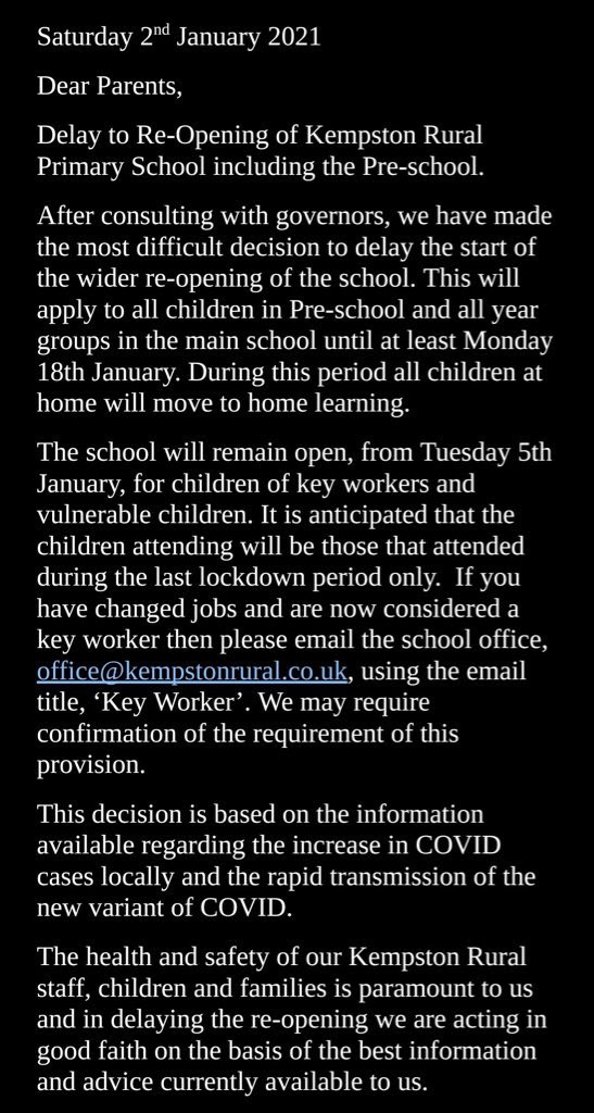 This is just one of many emails being received by parents tonight telling them their children’s schools won’t be opening as planned this week (in this case in Bedfordshire). In many places heads and governors are taking matters into their own hands.