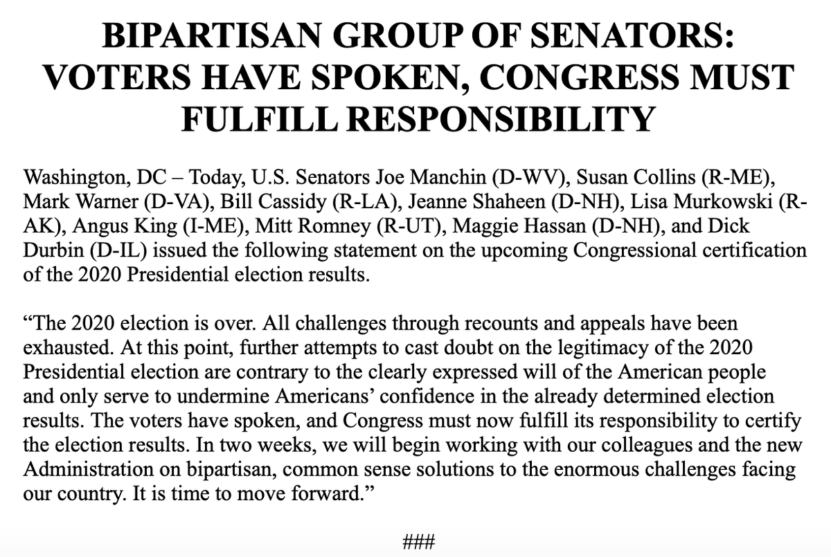 I joined a bipartisan group of Senators in issuing the following statement on the upcoming Congressional certification of the 2020 Presidential election results: https://t.co/UzcQaaH8mV