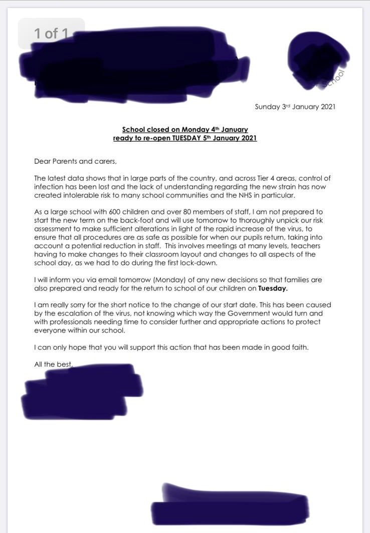 Another where the head says they’re going to have to use tomorrow to take stock: “I am really sorry for the short notice to the change of start date. This has been caused by the escalation of the virus [and] not knowing which way the government would turn”.