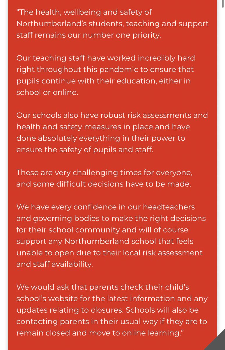 NEW: Northumberland County Council effectively leaves it up to individual heads and governors to make the decision about their school reopening. Encourages parents to check school websites.