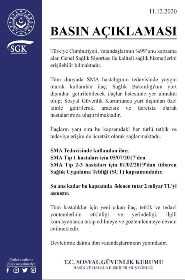 SMA hastaları üzerinden siyasi rant elde etmeye çalışanlara şunu hatırlatmak gerekir,
Türkiye sağlık alanında çığır açarak, tedavi yönünden güvenli 8.920 ilaç için yılda 40 milyar TL'yi aşkın kaynak ayırarak her daim bu konuda vatandaşının yanında olduğunu göstermiştir.