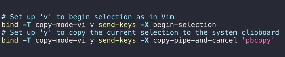 This adds a couple copy-mode keybindings that you'd expect to be included when enabling Vi key-mode.`v` will start a visual selection, once it covers the text you want to copy, you can hit `y` to yank the text into the system clipboard.