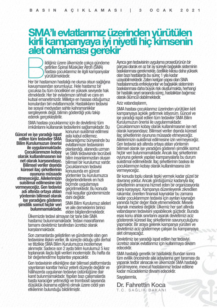Sosyal medyada SMA'lı hastalar üzerinden yürütülen kampanyalarla ilgili Sağlık Bakanı Fahrettin KOCA'dan yazılı Basın Açıklaması!
<a href="/drfahrettinkoca/">Dr. Fahrettin Koca</a>
<a href="/saglikbakanligi/">T.C. Sağlık Bakanlığı</a> 

#SMAhastaları 
#Arnavutköypostası