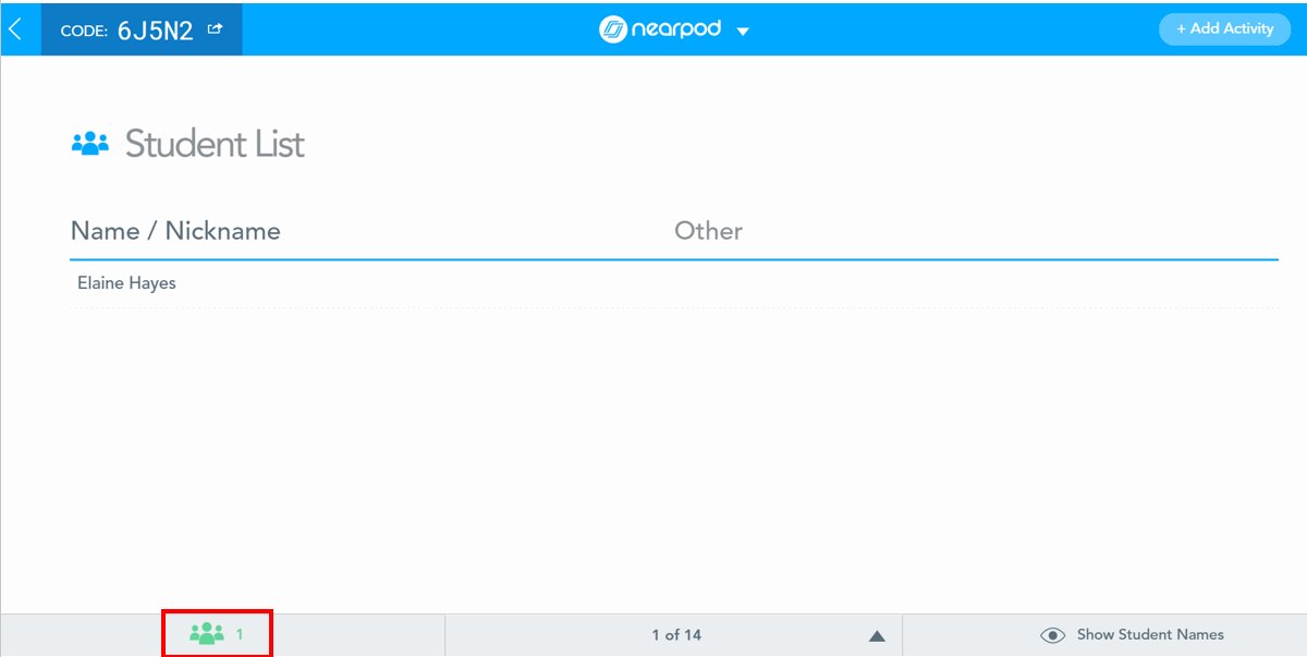 7. Students go to  http://Nearpod.com&nbsp; and type in the code and enter their name. You as the teacher can see what students are in, and can remove them if they don't put in their correct name by clicking the participants list (bottom left) & clicking the x alongside their name