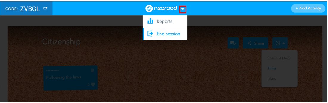 12. To finish the session, click the white arrow alongside the Nearpod logo and click end session.
