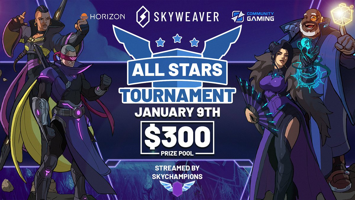 <a href="/SkyChampsTeam/">SkyChampions</a> are BACK, kicking off 2021 with an All Star <a href="/SkyWeaverGame/">Skyweaver</a> Tournament! 8 incredible players from the beta will be competing for a $300 prize pool! 

🔗communitygaming.io/tournament/sky…

📺Twitch.tv/skychampionsof…

💥Keep an eye out for the next Skyweaver Open Tournament!