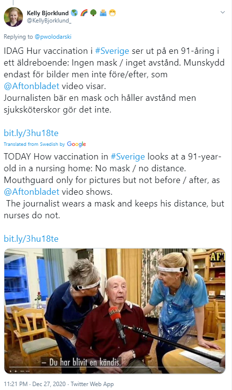 Sweden started with elderly. Let's hope the maskless nurses didn't infect the 91-year-old during vaccination. (They have worn masks, at least in photos, but in this case they removed them right after.) (Via  @KellyBjorklund_)