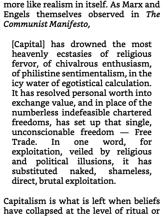 Compare Fisher's Nietzschean selection from the Manifesto to Ishay Landa's.Landa emphasizes how Marx and Engels' dialectical analysis of Capitalism exposes it as sowing the seeds of its own destruction, giving cause for *optimism*: https://redsails.org/whos-afraid-of-the-end-of-history/