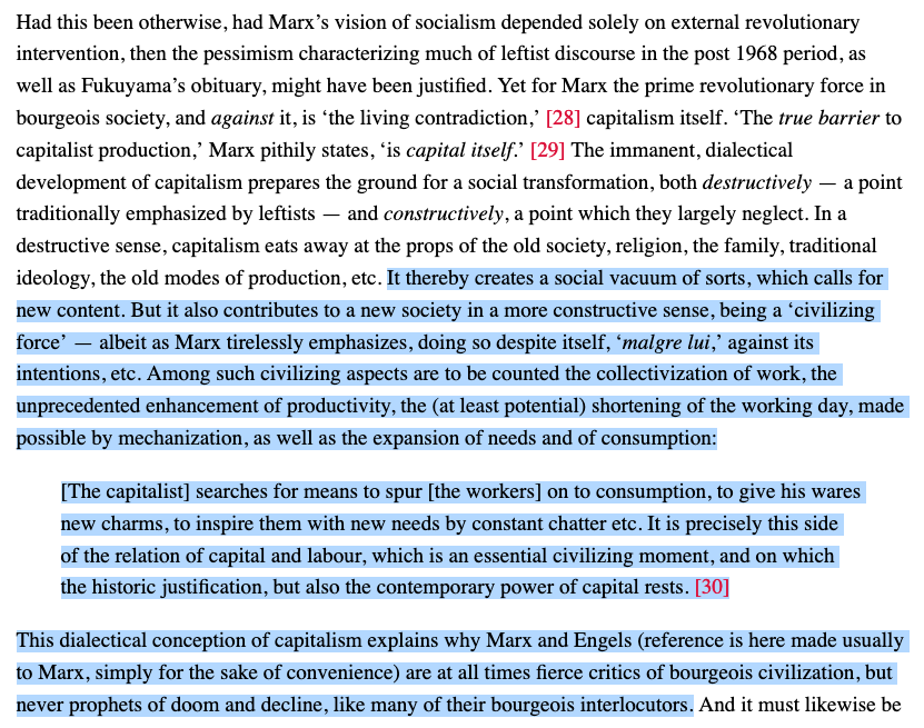 Compare Fisher's Nietzschean selection from the Manifesto to Ishay Landa's.Landa emphasizes how Marx and Engels' dialectical analysis of Capitalism exposes it as sowing the seeds of its own destruction, giving cause for *optimism*: https://redsails.org/whos-afraid-of-the-end-of-history/