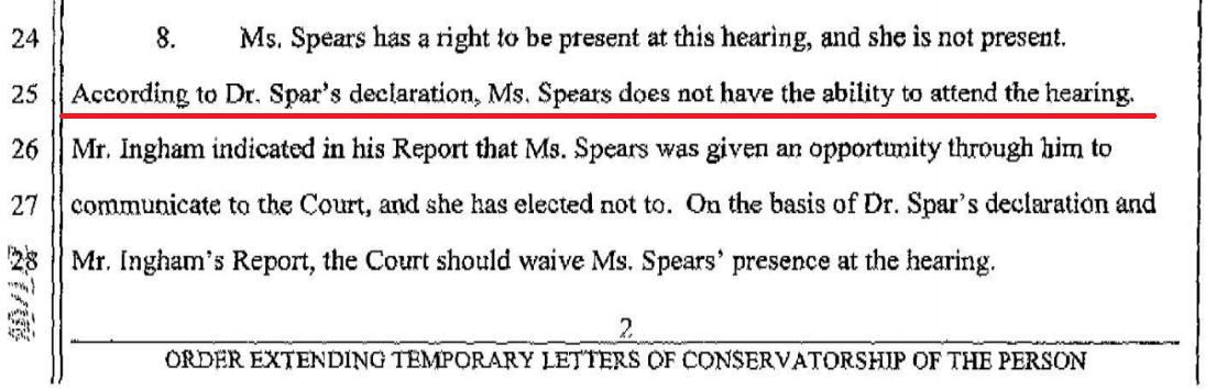 However, just 2 days later, they were back in court with a capacity declaration not from Dr. Marmer, but from Dr. James Spar who declared that Britney lacked the capacity to hire an attorney or attend these hearings. Reva Goetz confirmed her rulings on this basis.  #FreeBritney