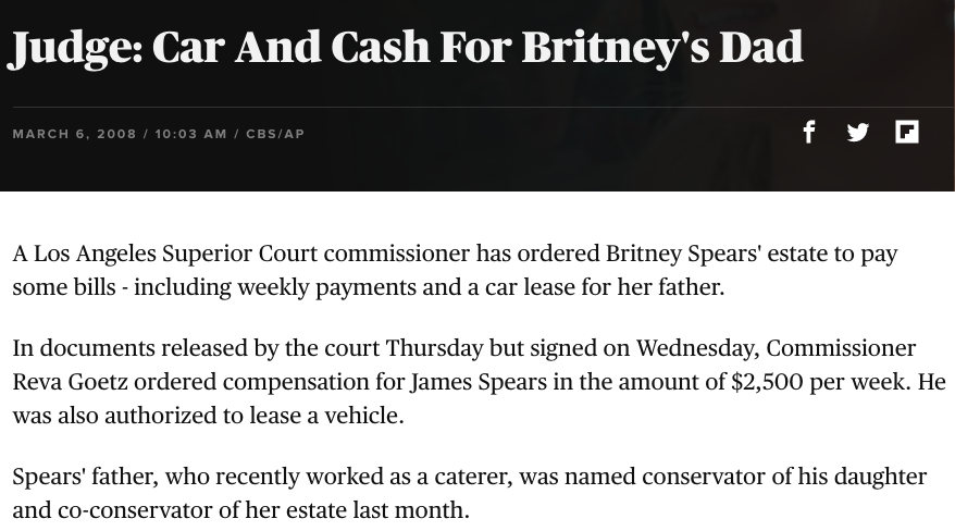 Once they deemed Britney unable to participate in her own legal proceedings, Judge Reva Goetz started dolling out Britney's money. Her dad was given a paycheck of $2,500 per week and a brand new car.  #FreeBritney