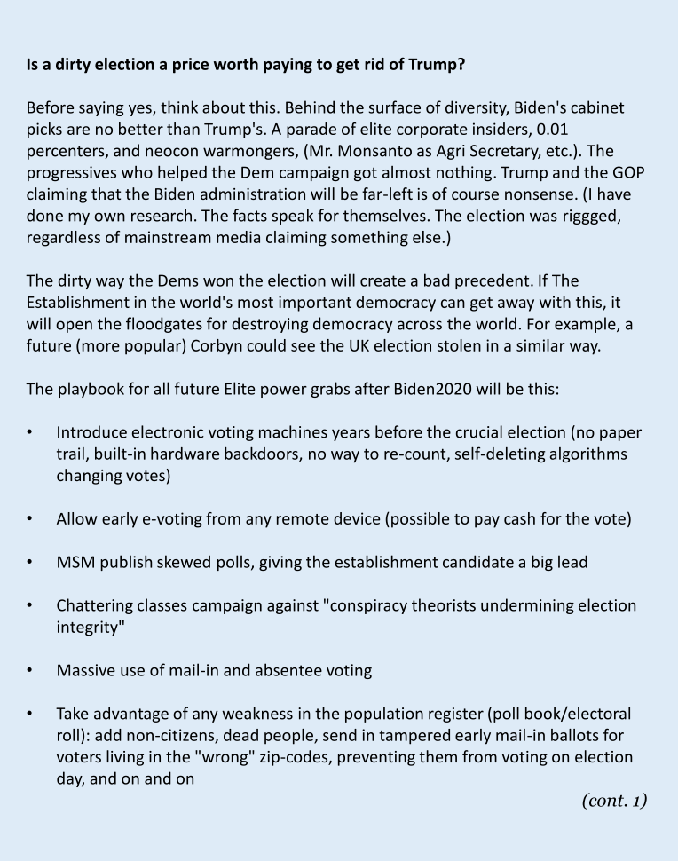 YPopulist's tweet image. The &quot;Biden2020 win&quot; will open for a future of Sham Democracy worldwide. A blueprint for how to play dirty and crush any challengers to the ruling class (such as a future Sanders or Corbyn). Getting rid of Trump was just an excuse. This is a massive trap for the left (below).