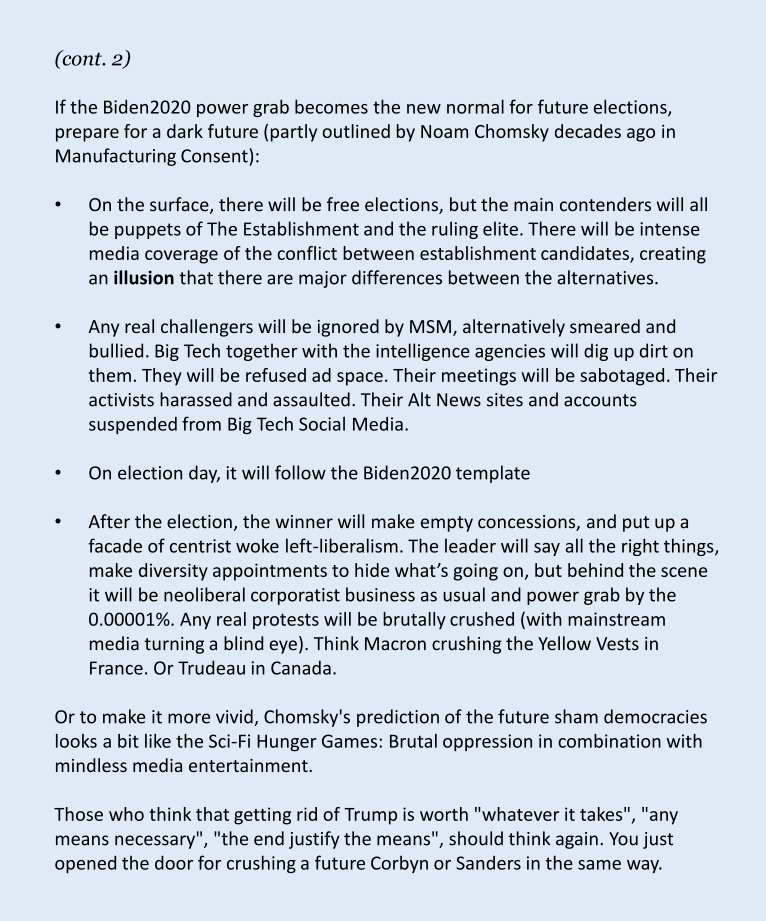 YPopulist's tweet image. The &quot;Biden2020 win&quot; will open for a future of Sham Democracy worldwide. A blueprint for how to play dirty and crush any challengers to the ruling class (such as a future Sanders or Corbyn). Getting rid of Trump was just an excuse. This is a massive trap for the left (below).