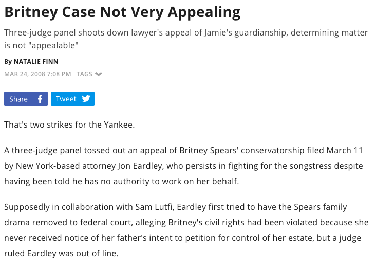 Unfortunately, they would not hear the case because Judge Reva Goetz had already deemed Britney unable to hire an attorney of her own choice, and therefore Jon Eardley wasn't able to represent her in the case.  #FreeBritney