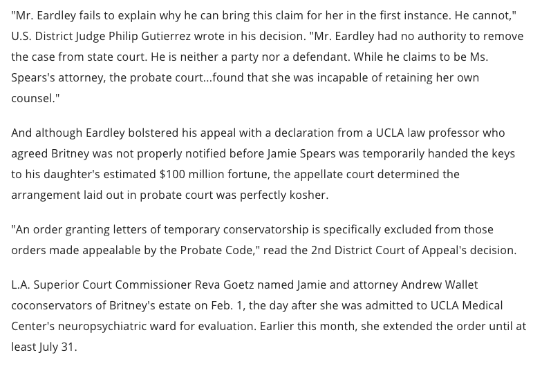 Unfortunately, they would not hear the case because Judge Reva Goetz had already deemed Britney unable to hire an attorney of her own choice, and therefore Jon Eardley wasn't able to represent her in the case.  #FreeBritney