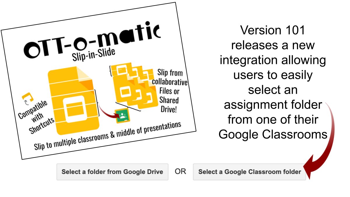 #OTTomatic_with_Dr_Ott Slip-in-Slide received a few updates over the winter break.  Mainly a revised menu systems and a new integration with Google Classroom making the add-on even easier to use! <a href="/cueinc/">CUE</a> @iste #remotelearning #distancelearning #GoogleEdu #edchat #GoogleSlides