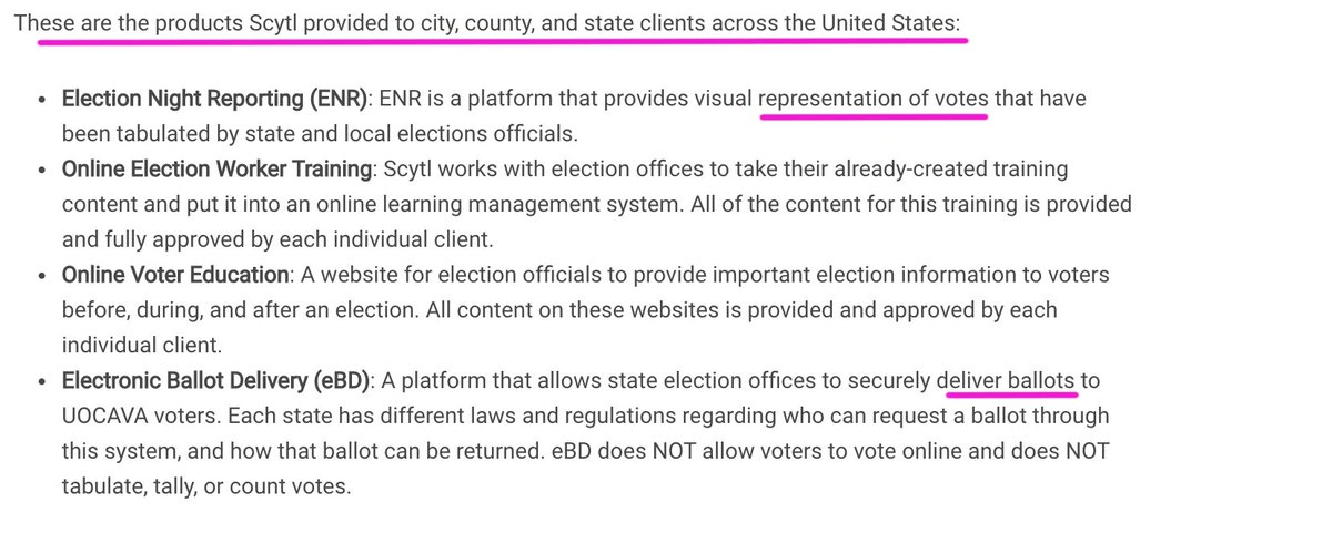 5. The Swiss own full rights to Scytl code. Scytl's website tells US that Scytl provided to city, county, and state clients across the US, Election Night Reporting (ENR) providing representation of votes, and certain ballot delivery, eg, military ballots.  https://www.scytl.com/en/fact-checking-regarding-us-elections-debunking-fake-news/
