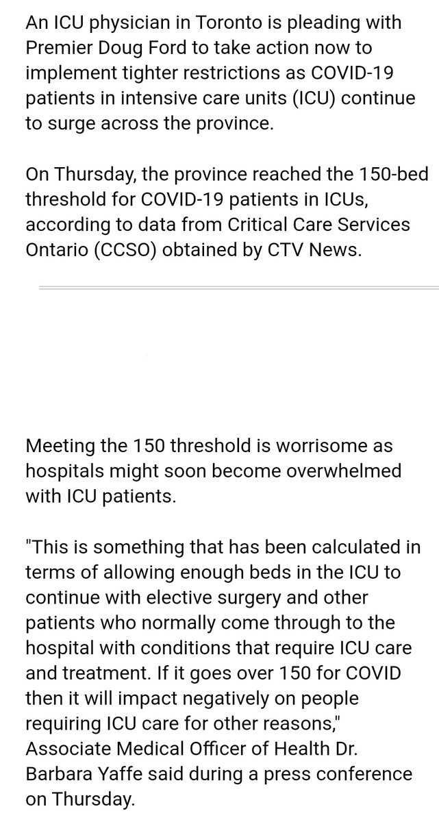 6/ There are 2,434 ICU beds in Ontario.Yet somehow when more than 150 of those (6%) are occupied by Covid patients all hell breaks lose and the system can't handle it and elective care has to be postponed and the province has to go into lockdown.How is that possible?