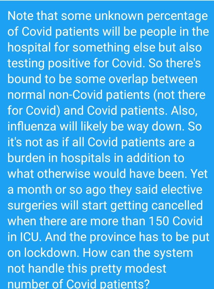 6/ There are 2,434 ICU beds in Ontario.Yet somehow when more than 150 of those (6%) are occupied by Covid patients all hell breaks lose and the system can't handle it and elective care has to be postponed and the province has to go into lockdown.How is that possible?