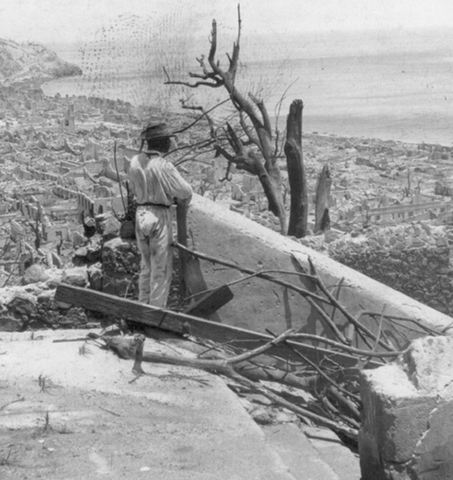 The town at St. Pierre, the second-largest town and 15% of the population of the island, vanished in a few minutes. A superheated cloud of gas and lava rolled over the town and vaporized everything more than 2 feet high. There were only 2 survivors; everyone else burned alive.