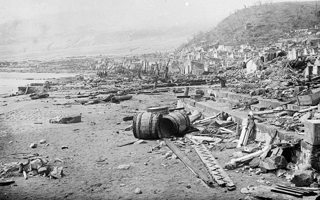 The town at St. Pierre, the second-largest town and 15% of the population of the island, vanished in a few minutes. A superheated cloud of gas and lava rolled over the town and vaporized everything more than 2 feet high. There were only 2 survivors; everyone else burned alive.