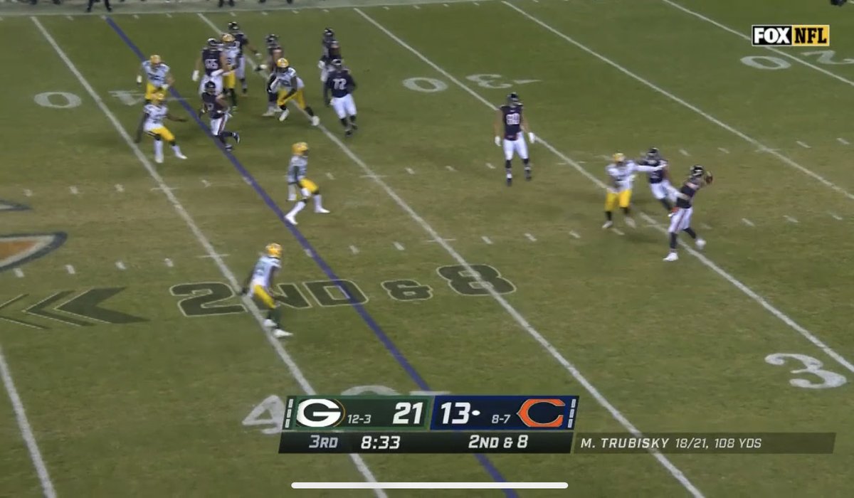So here it is, bears use AROB & Jimmy to max protect on a 2 man route. Why those 2 v their good blocking players? Bc Nagy is reverting back to some terrible ideas amidst frankly, decent game plan if he was capable of mixing it up. Mitch I THINK gets killed since no one protects