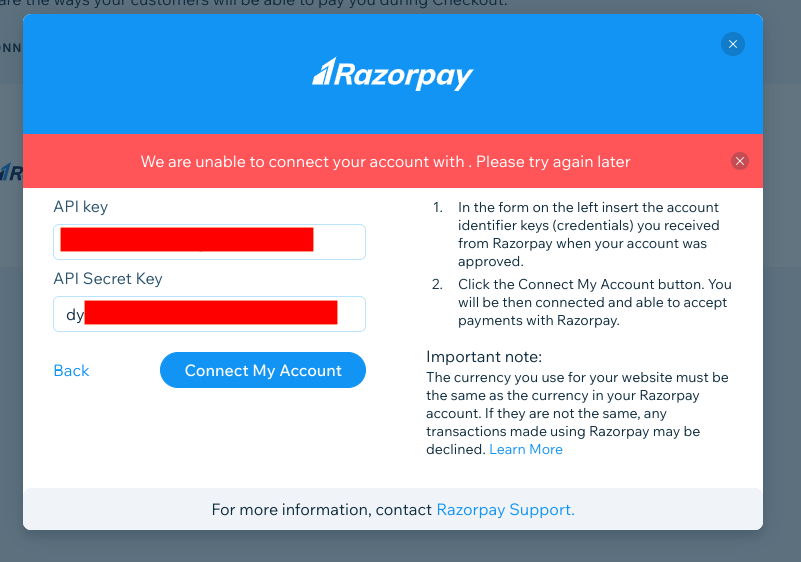 arunarya007's tweet photo. @WixHelp Hi, I have 2 websites on Wix. One website is connected with Razorpay, but the other website is not connecting, please check. Showing an error. https://t.co/6AWtPjvzzS