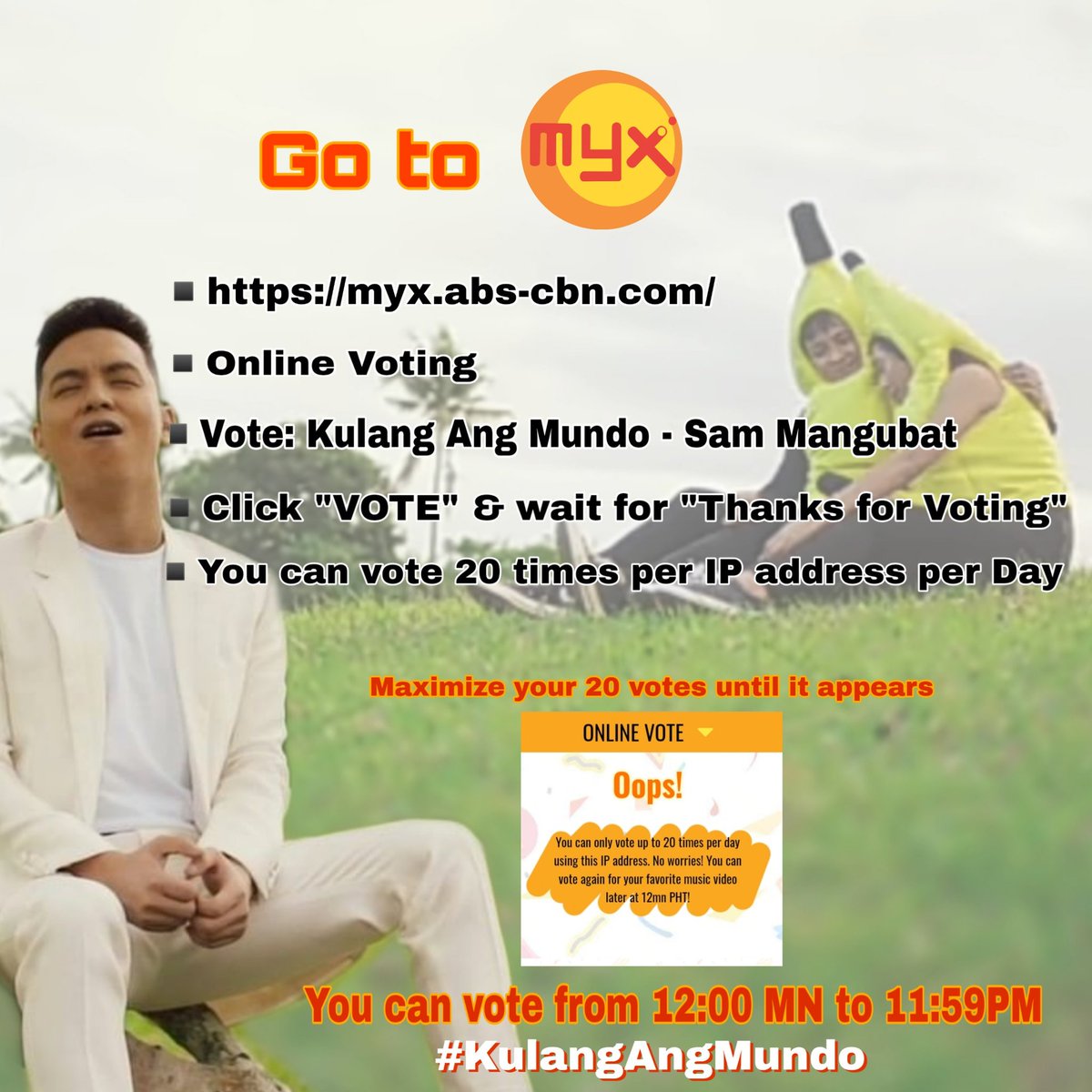 <a href="/KiarGel_OFC/">🐝 KIARGEL OFC 🐝</a> <a href="/kiargelbananas/">𝐊𝐈𝐀𝐑𝐆𝐄𝐋 𝐁𝐀𝐍𝐀𝐍𝐀𝐒 𝐎𝐅𝐅𝐈𝐂𝐈𝐀𝐋</a> <a href="/kiarawarriors/">𝐊𝐈𝐀𝐑𝐀 𝐖𝐀𝐑𝐑𝐈𝐎𝐑𝐒 𝐎𝐅𝐅𝐈𝐂𝐈𝐀𝐋</a> @kiara_global
Hello pls help us to VOTE #KulangAngMundo
Go to:
🔸myx.abs-cbn.com
🔸Online Vote
🔸Vote: Kulang Ang Mundo - Sam Mangubat
🔸Click "VOTE" &amp; wait for "Thanks for Voting"
🔸You can vote 20x per IP address per Day