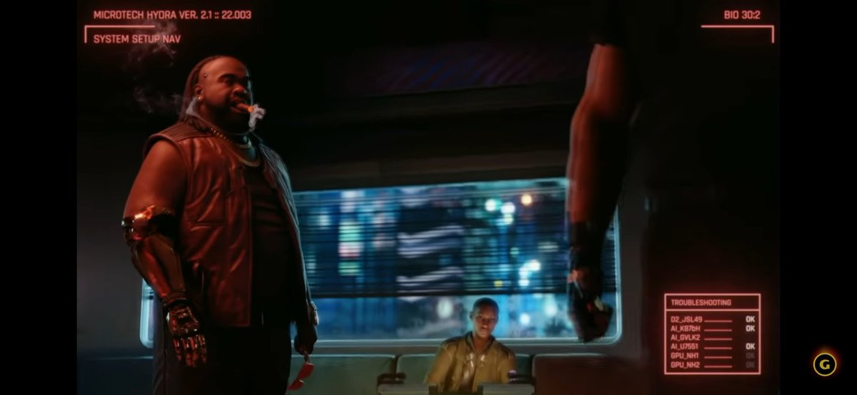 Valithor9's tweet photo. I went through old cp marketing materials (just out of curiosity) and one thing i'd really, REALLY love to know is what did the main story line of #Cyberpunk2077 look like in 2019 when we got the trailer with this scene. It clearly is TBug, which can't be seen here in-game. https://t.co/v0wU897bTc