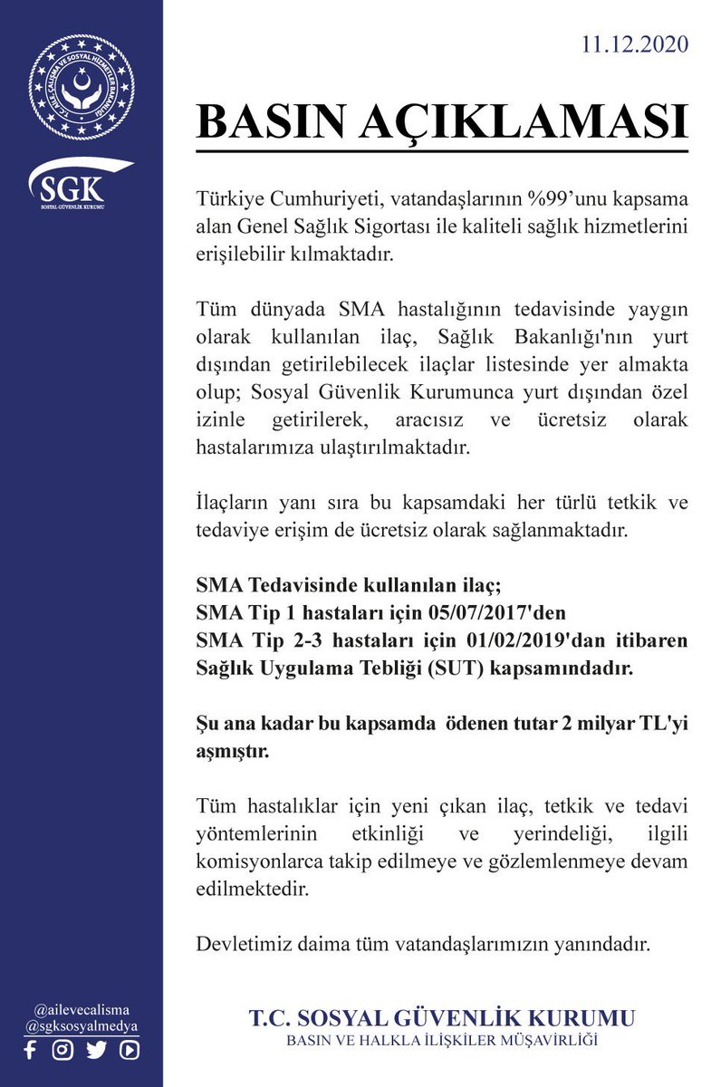 bayramsenocak's tweet photo. SMA hastası evlatlarımız üzerinden siyaset devşirenlere, kopyala-yapıştır tweetleri atanlara, kirli bir algı çalışması yürütenlere itibar etmeyiniz.

#SMA hastası yavrularımızın ilaçları Devletimizce ücretsiz olarak karşılanmaktadır. Devletimiz daima milletimizin yanındadır. https://t.co/dhnysvw1oL
