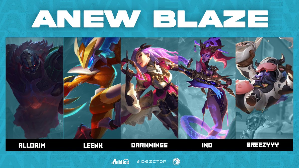 Let's Turn Up The Heat! 🔥

Please welcome ANEW Blaze!

TOP - <a href="/Allorim/">Kieran Logue</a> 
JUNGLE - @lol_LeenK 
MID - <a href="/DARKWINGSLOL/">Isaac Chou</a> 
ADC - @ino1lol 
SUPPORT - <a href="/breezyyylol/">Breezy</a>
