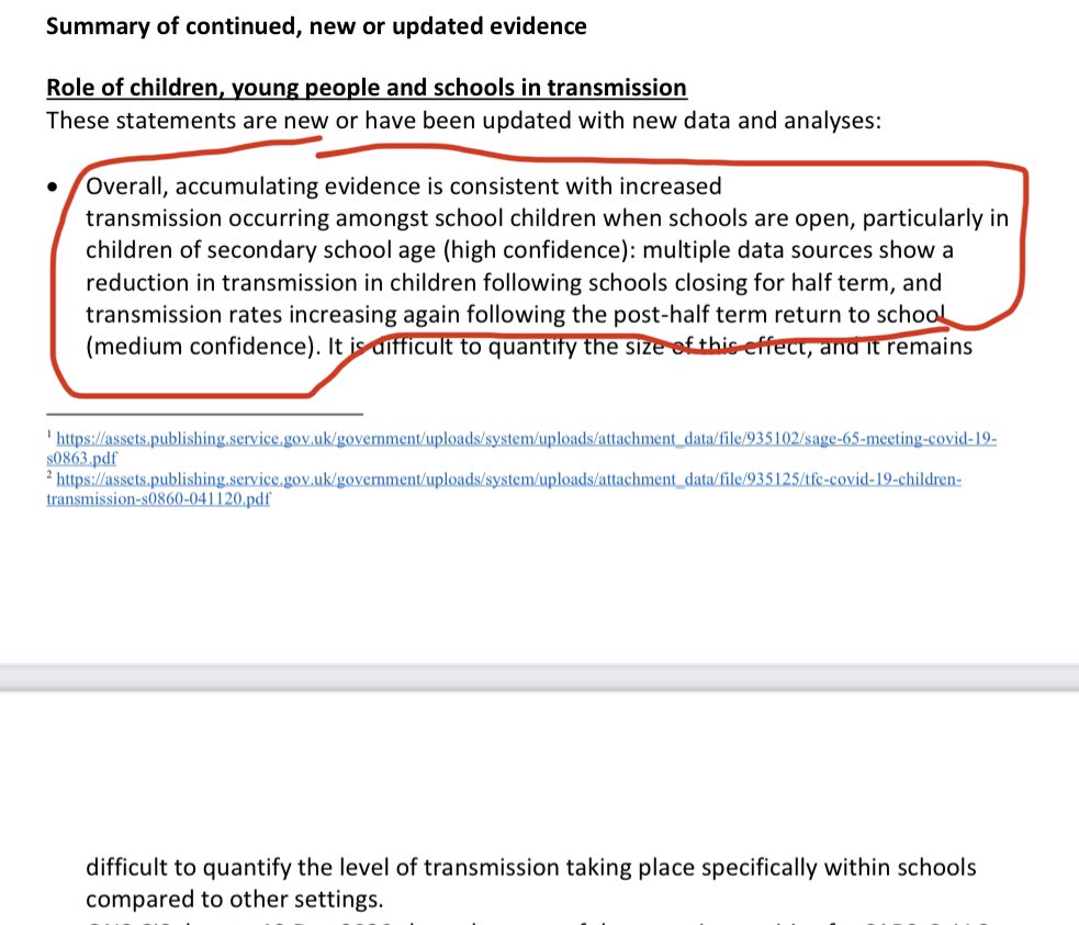 7) Here is the summary conclusion statement on schools and children. From page 1:  https://assets.publishing.service.gov.uk/government/uploads/system/uploads/attachment_data/file/948617/s0998-tfc-update-to-4-november-2020-paper-on-children-schools-transmission.pdf