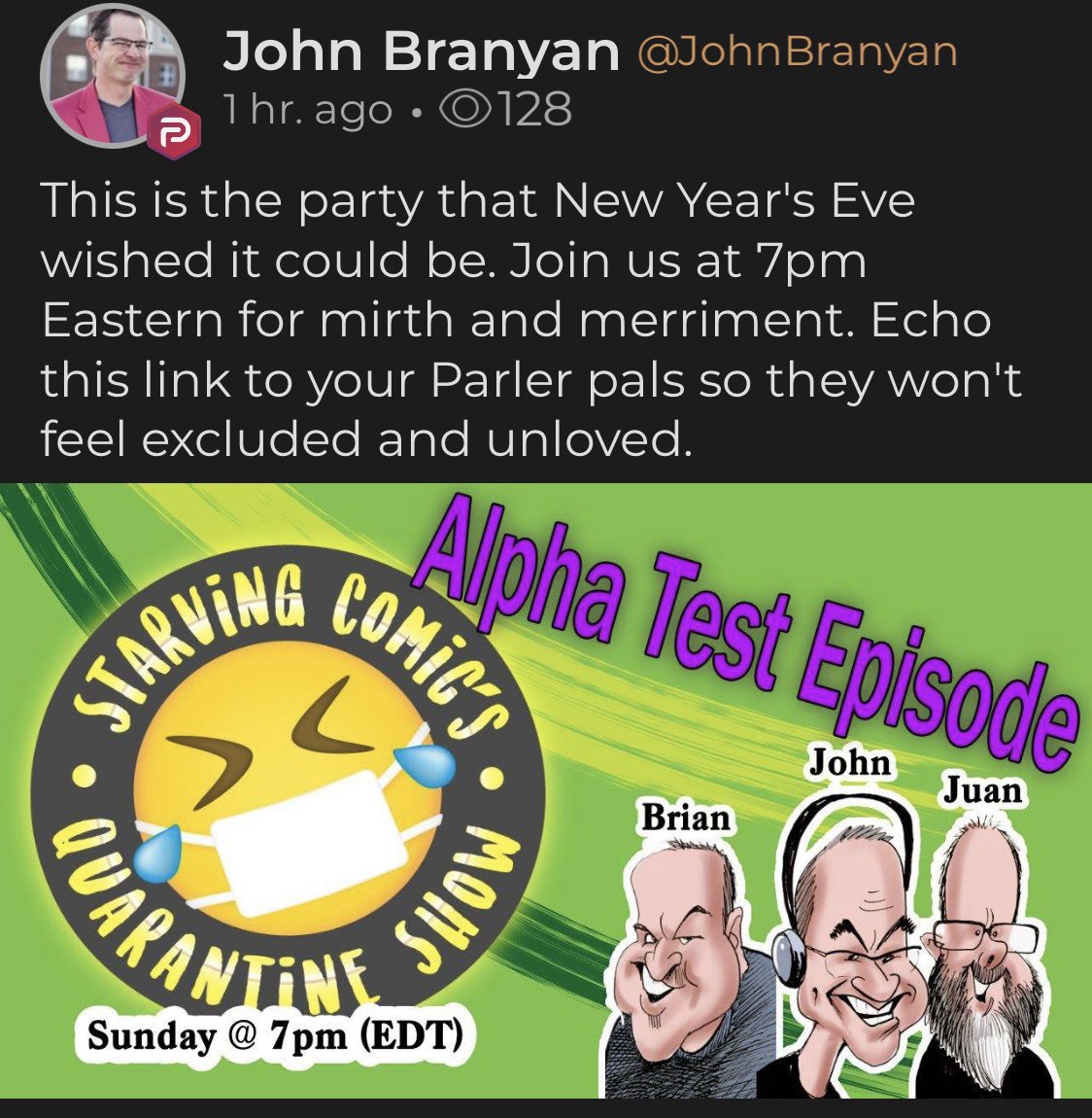 Show starts in about 10 minutes!
John Branyan channel on YouTube