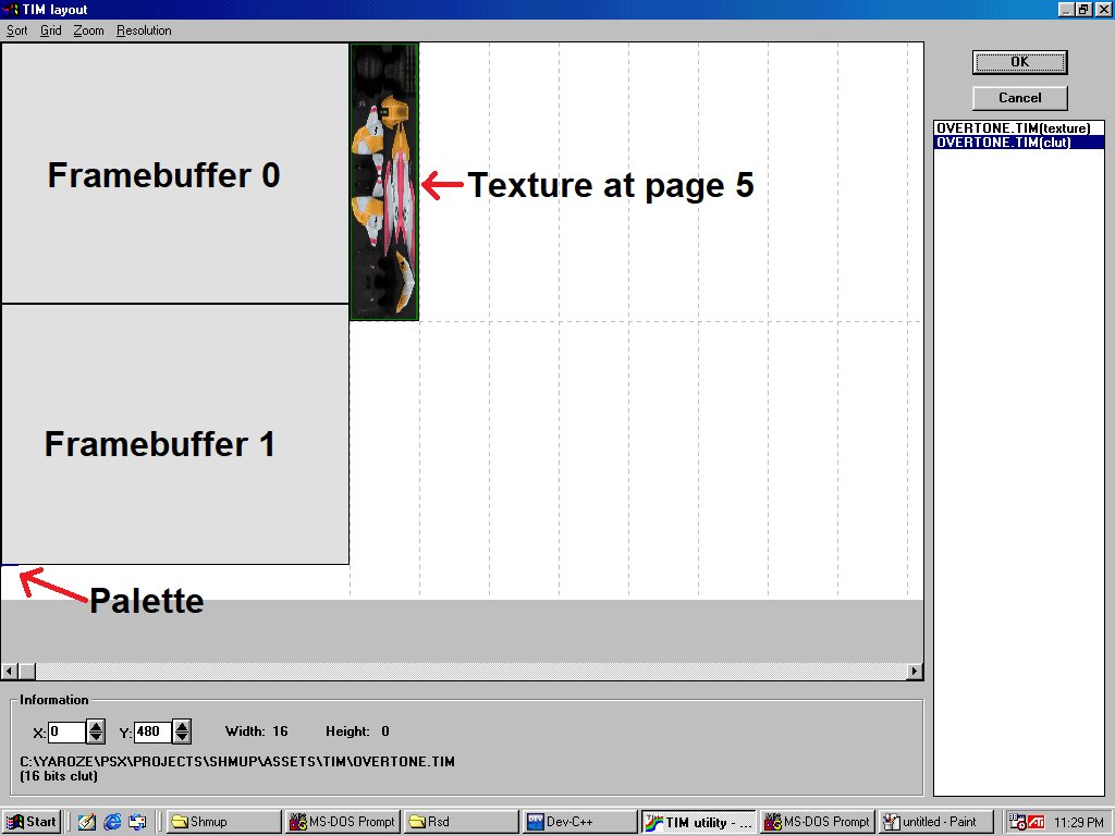Here's a screenshot from the texture tool (with textures superimposed). There's two framebuffers (one per backbuffer), our ship texture, and the palette (very tiny). The grid represents TPAGEs, to which textures must be aligned, because that's how the mesh data references them.