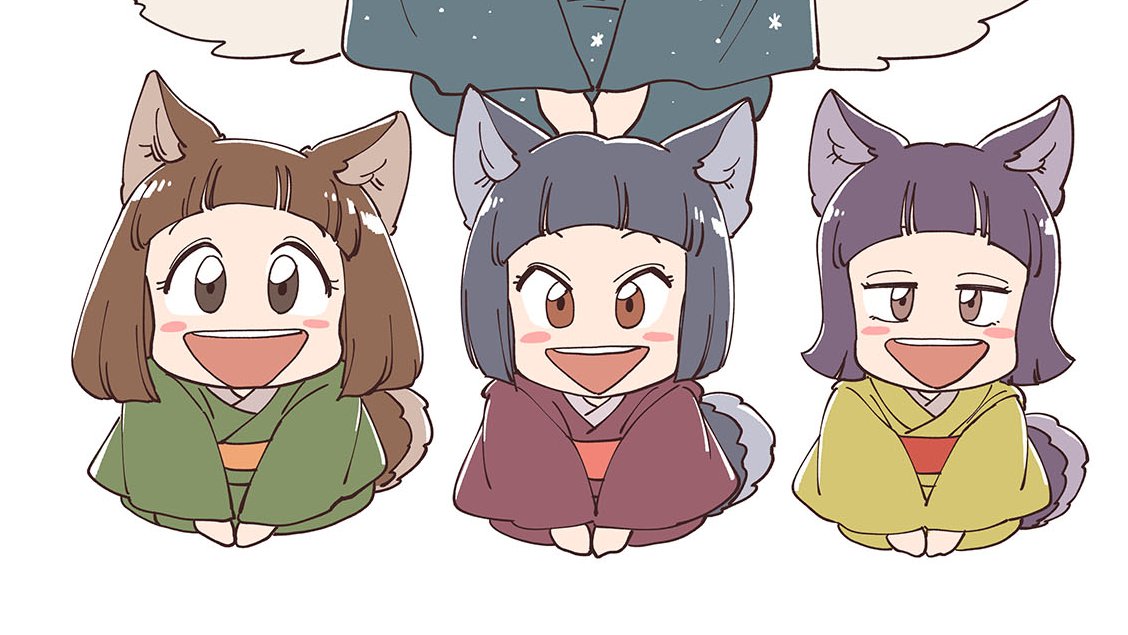 japanese clothes animal ears tail kimono multiple girls 3girls brown eyes  illustration images