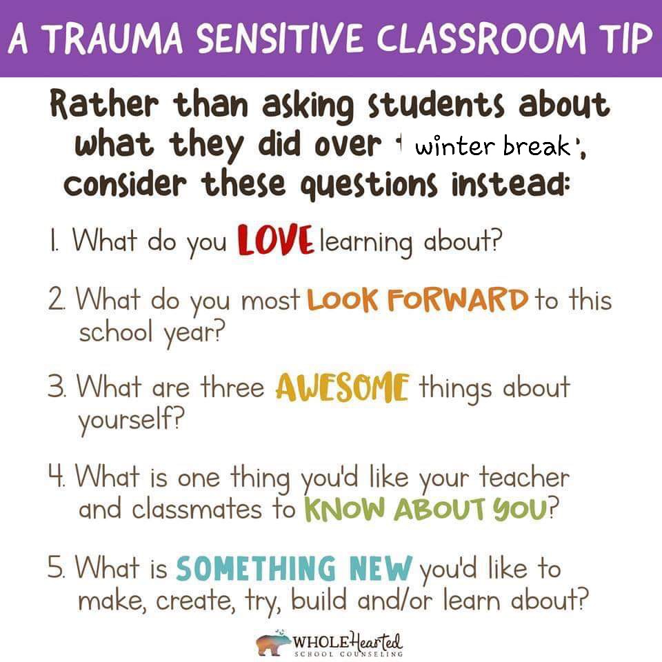 Consider this - As we return after break. Not all students/teachers had a good break. Instead welcome ALL students by letting them know they were missed, we're happy to see them, &amp; ask is there anything you'd like us to know! 
#whylp #TeachLikeAWarrior <a href="/chavensNJ/">Catherine Havens</a> <a href="/LivingstonPark/">Mr. Dawson</a>