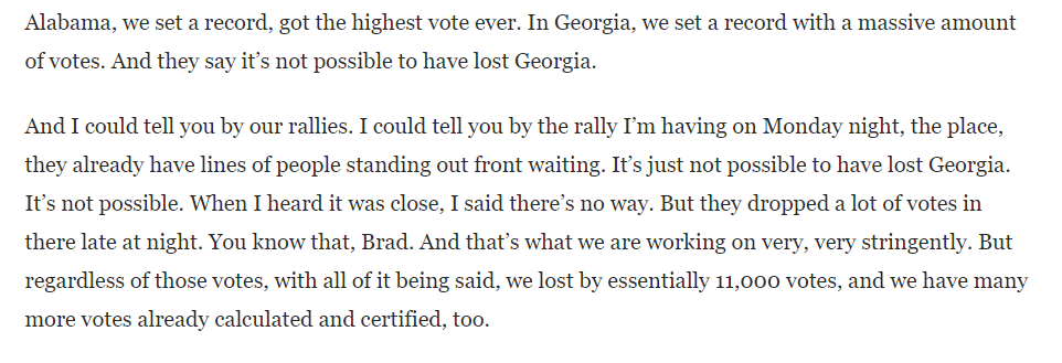 Here Trump presents his evidence that the Georgia vote is fraudulent: how could Trump lose when his supporters were sure he was going to win?