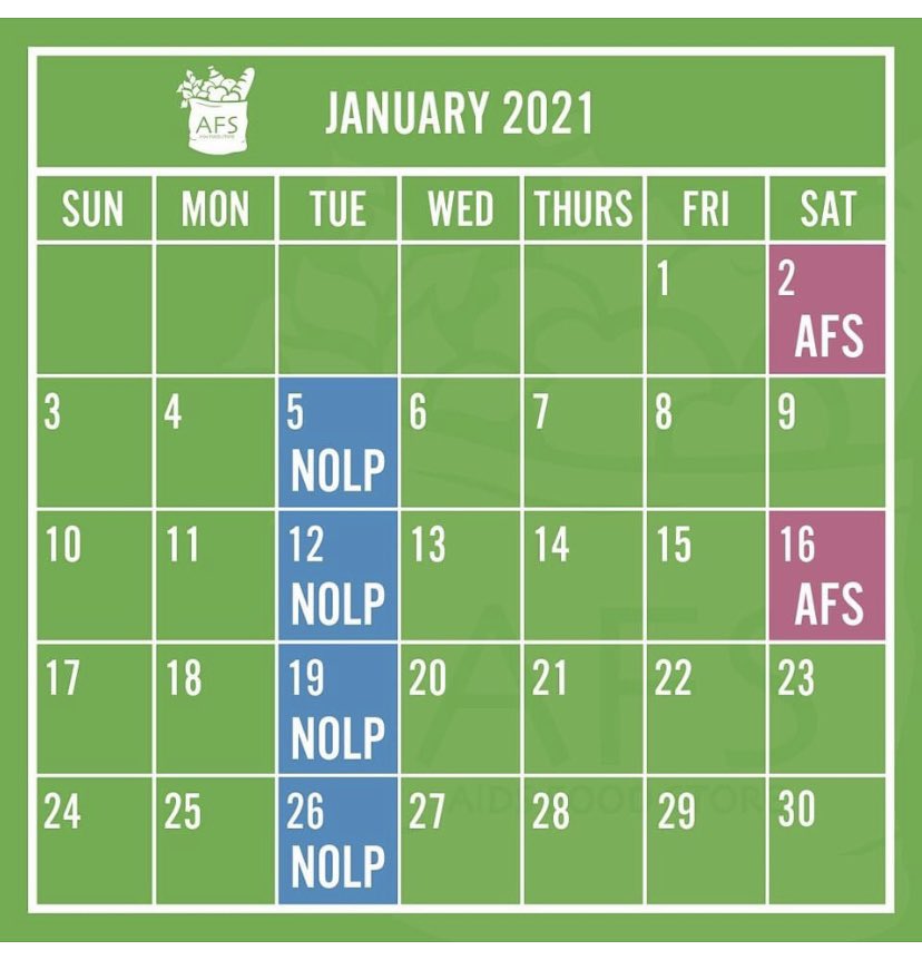 AFSLB1's tweet image. 🗓Hey friends, January 2021 calendar is out. Please pencil in and make sure our distribution dates. For AFS members, we are doing Saturday distribution on 1st &amp;amp; 3rd Saturdays! 🤩 #hiv #food #apla #nolp #FoodInsecurity #HelpFolksLive2021 #NewYears2021 #longbeach #gay #CaptureKind