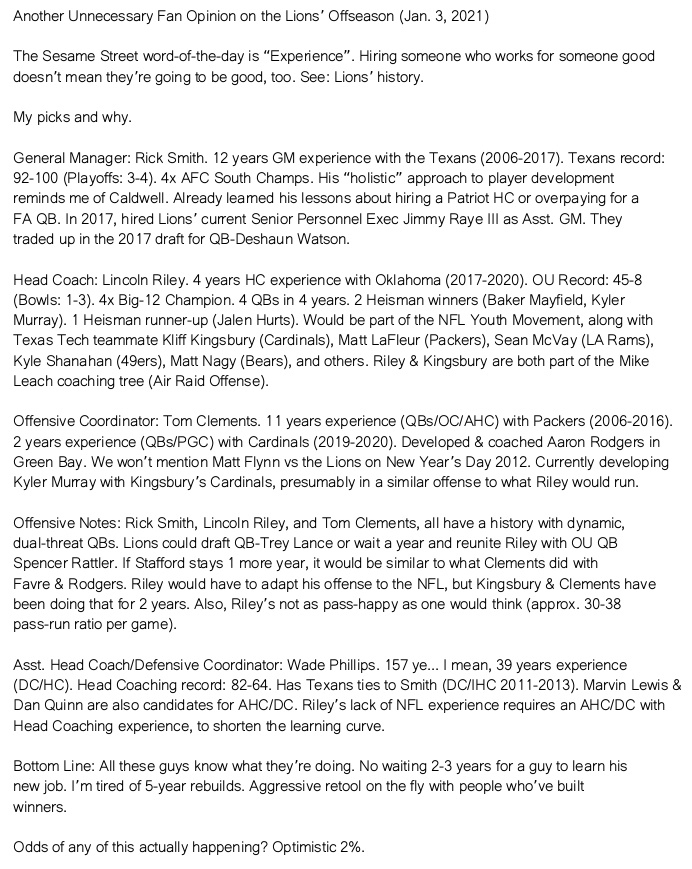 estrings's tweet image. Since everyone's commenting on who the @Lions should hire, I'll add my way over-thought thoughts on the matter. 

#OnePride @LincolnRiley #RickSmith #TomClements #WadePhillips @treylance09 @sportstori @bobwojnowski  @DougAndGator971 @PrideOfDetroit @chris_spielman